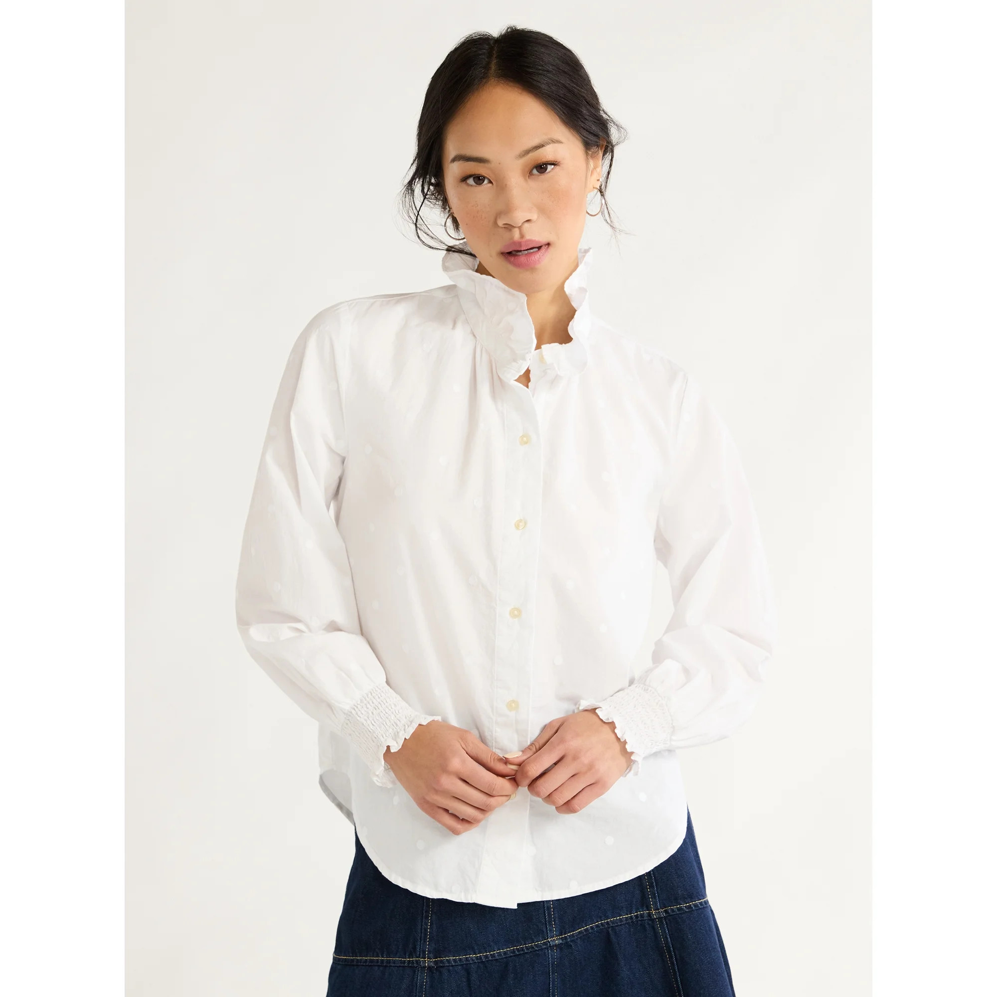 Free Assembly Women’s Ruffle Neck Cotton Blouse, Sizes XS-XXL | Walmart (US)