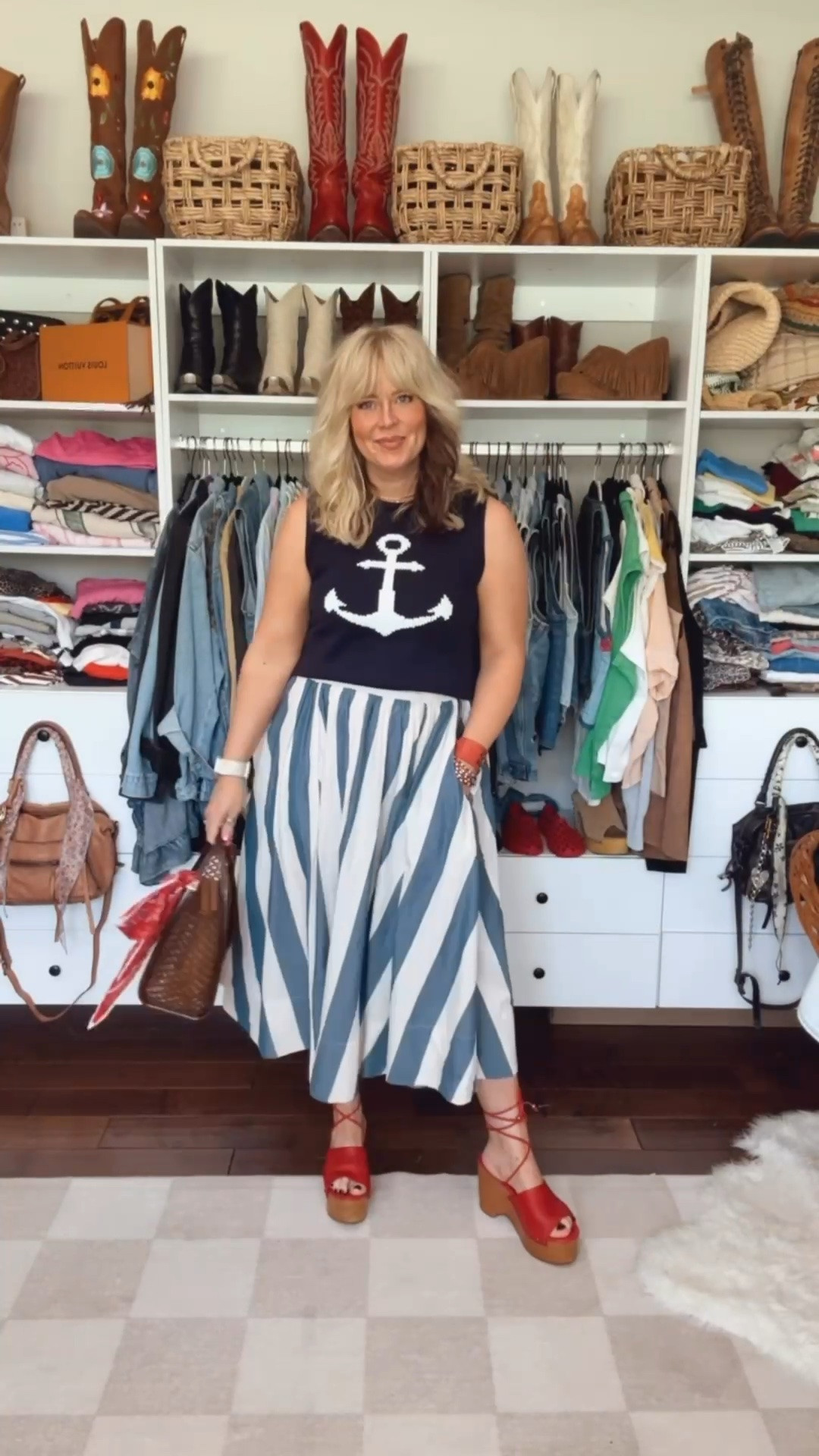 Love this adorable skirt and it also comes in solid colors! I’m wearing my true size medium in it and this ⚓️ sweater too. Sandals are true to size.

#LTKootd #LTKgrwm #LTKOver40