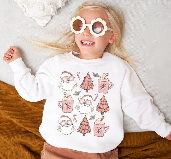 Christmas Sweatshirt For Kids, Holiday Groovy Santa Doodles Christmas Trees Little Things Favorit... | Etsy (US)