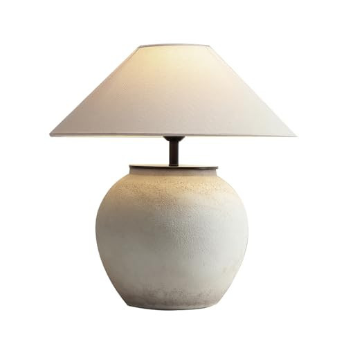 Rustic Table Lamp Southwest Jug Ceramic Lamp Wabi-Sabi 19.6'' Tall White Clay Pot Lamp Body with Linen Fabric Drum Shade Bedside Nightstand for Living Room Bedroom (D16.53 * H19.68 (Small)) | Amazon (US)