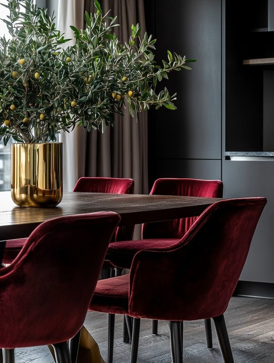 Create a dining space that feels instantly luxurious by pairing rich burgundy velvet chairs with a dark wood dining table. This combination is timeless, dramatic, and undeniably designer-led. The deep velvet adds warmth and glamour, while the dark wood grounds the space with elegance and strength, creating a look that feels curated rather than trendy.

The statement detail here is the olive tree placed in a gold planter right on the table. That touch of greenery softens the richness of the materials and brings in a Mediterranean soul, while the gold planter adds a refined London boutique hotel polish. It’s the perfect balance of old-world charm and modern sophistication.

This look is surprisingly simple to recreate: dark wood as your base, burgundy velvet for depth, gold accents for light, and greenery to bring it all to life. The result is a dining room that feels warm, elevated, and effortlessly stylish — Mediterranean meets London, classic yet bold, and designed to impress without feeling overdone.

#DiningRoomDecor #BurgundyVelvet #LuxuryInteriors 

 #LTKHome