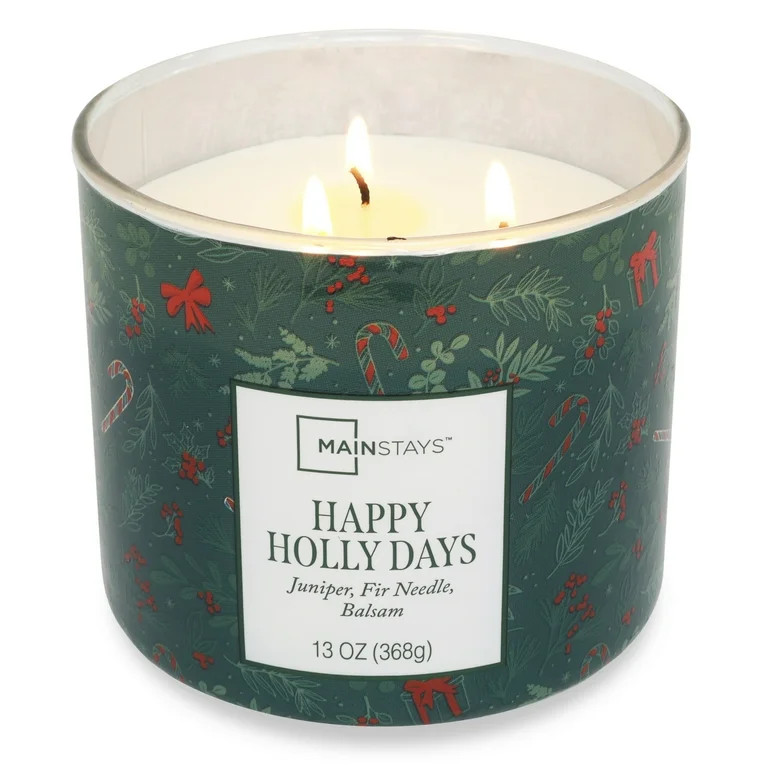 Mainstays 3-Wick Happy Holly Days Scented Candle with a Green Garland Toss Scene Wrap, 13-Ounce | Walmart (US)