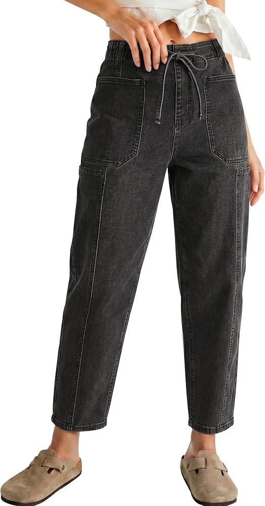 luvamia Barrel Jeans Women Trendy High Waisted Pull On Drawstring Elastic Waist Stretchy Denim Ba... | Amazon (US)