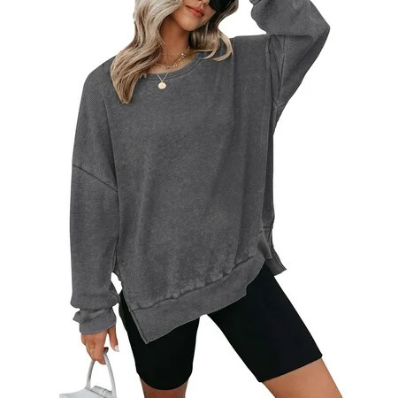 TEMOFON Plus Size Womens Long Sleeve Tops Oversized Sweatshirts Waffle Knit Crew Neck Fashion Side Slits Casual Pullover Gray | Walmart (US)