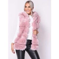 Faux Fur Stripe Hooded Gilet Jacket Pink | Lily Lulu Fashion