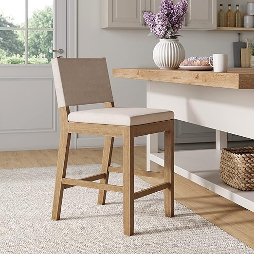 Linus Modern Upholstered Counter Height Bar Stool with Back and Solid Rubberwood Legs in a Wire-B... | Amazon (US)