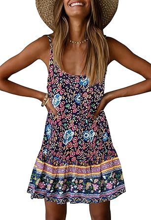 ZESICA Women's Summer Floral Printed Spaghetti Strap V Neck Ruffle A line Swing Beach Short Dress | Amazon (US)