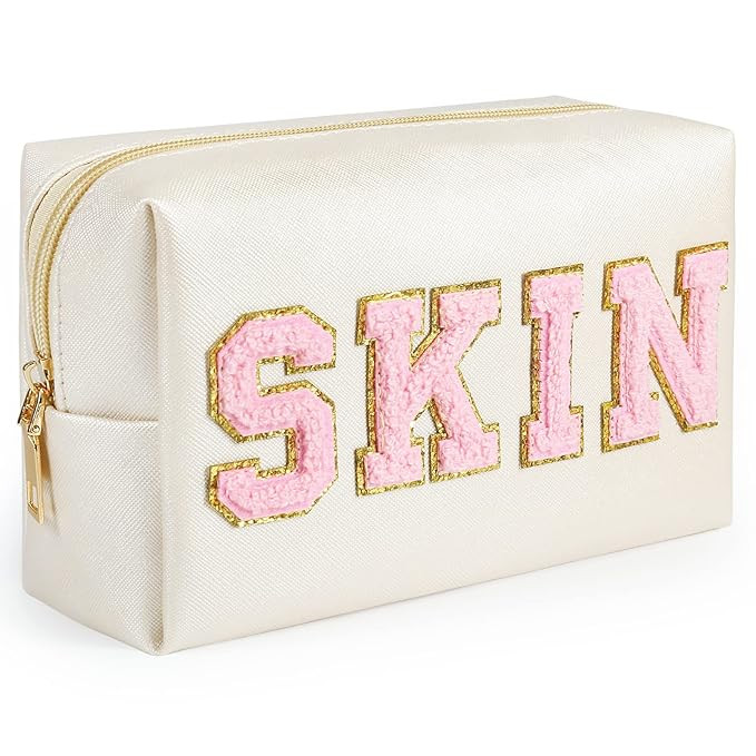 Preppy Makeup Bag, Synthetic Leather Patch Cosmetic Bag with SKIN Chenille Letter for Travel, Gif... | Amazon (US)
