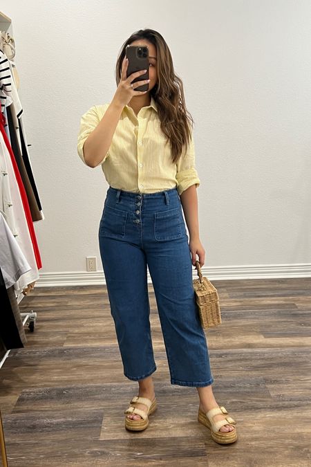 A bad selfie I know but it’s a good outfit 😍 
Jeans size 4 
Striped shirt size S
Sandals size 6.5
Everything fit true to size 🌼

Wide leg jeans button down shirt yellow blue jeans amazon fashion amazon finds petite lulus

#LTKfindsunder50 #LTKfindsunder100 #LTKsalealert