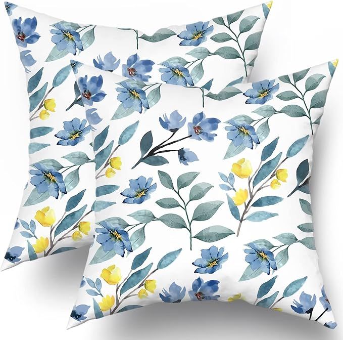 ABSOP Yellow Blue Floral Throw Pillow Covers18x18 Inch Set of 2 Spring Pillow Covers Navy Blue Le... | Amazon (US)