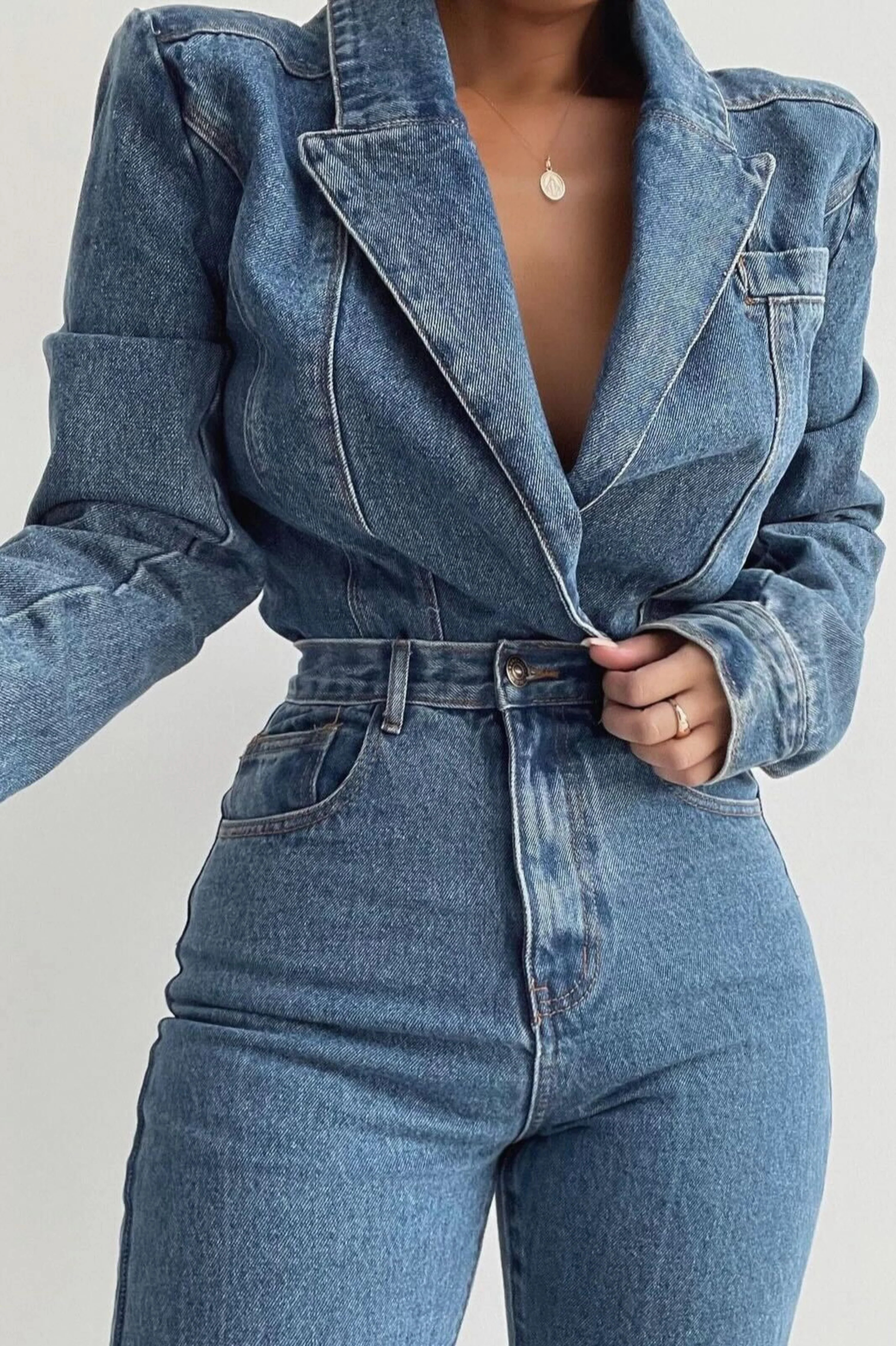 Medium Wash Dominica Structured Denim Bodysuit | JLUXLABEL