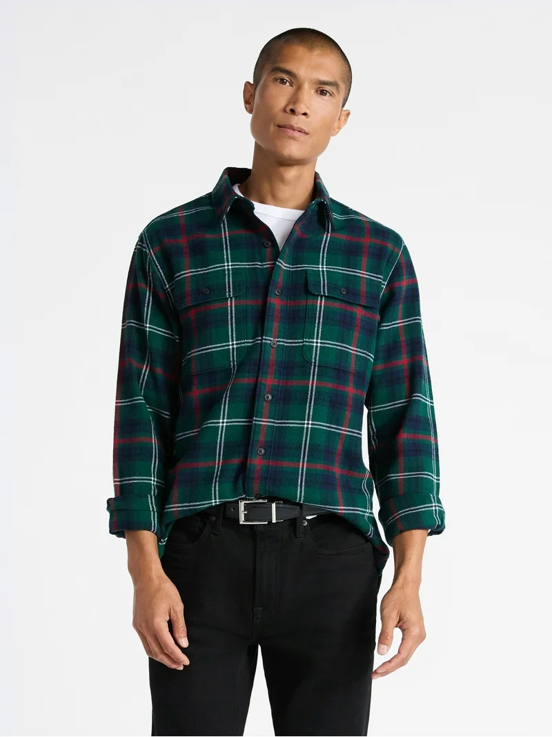Free Assembly Men's Two Pocket Cotton Flannel Shirt with Long Sleeves, Sizes XS-3XL | Walmart (US)