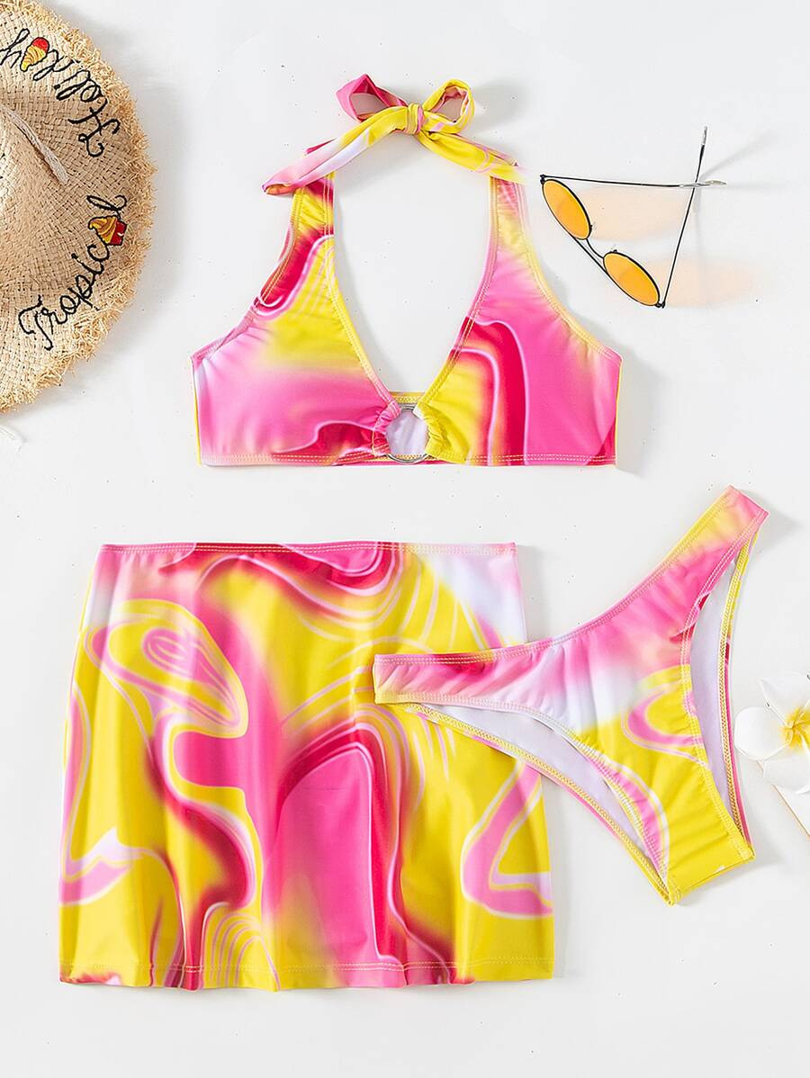 3pack Graphic Ring Linked Halter Bikini Swimsuit | SHEIN