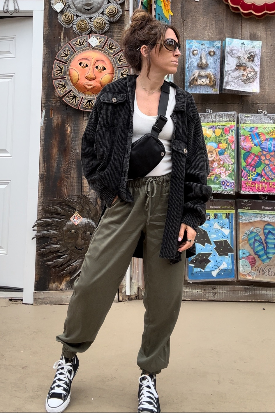 Wearing waffle knit button down, white tank, green utility joggers, high top converse, Lululemon everywhere belt bag

#LTKFind #LTKsalealert #LTKstyletip