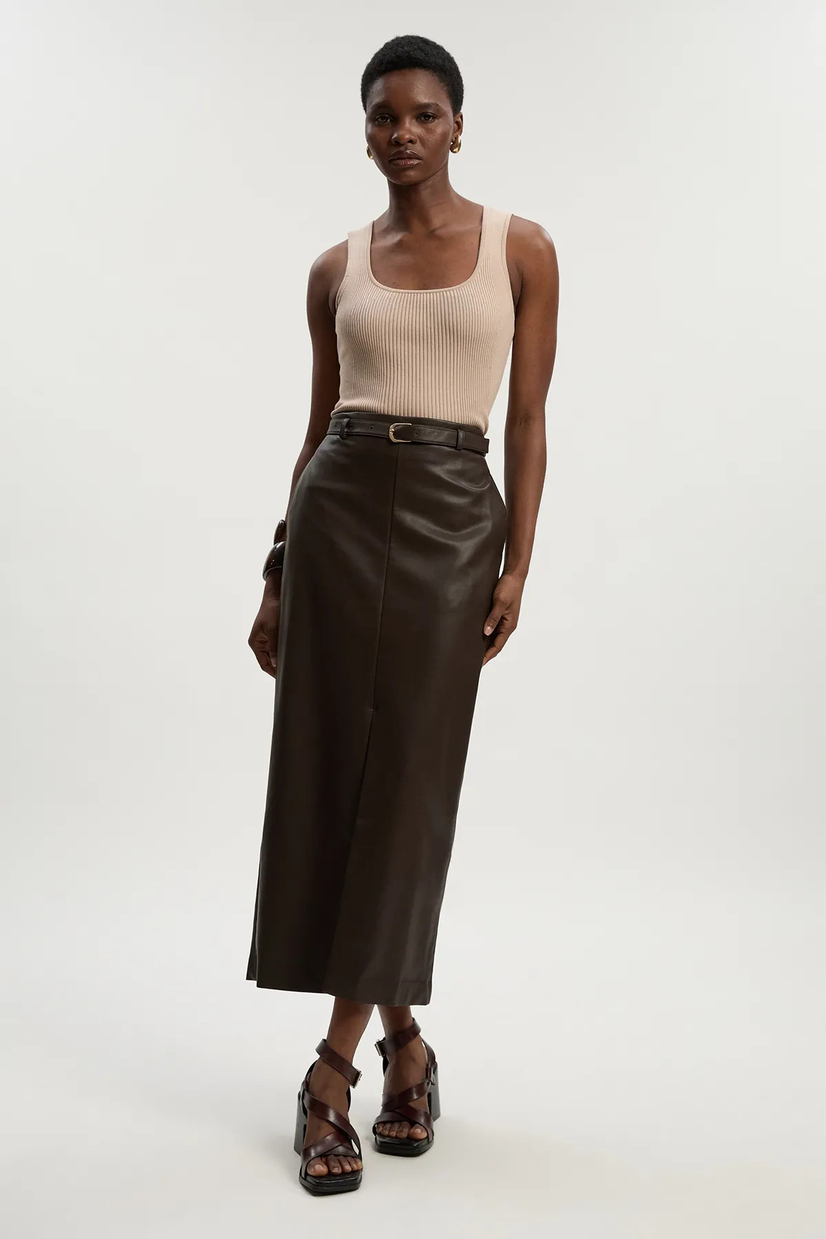 Faux Leather Tailored Midi Pencil Skirt | Karen Millen