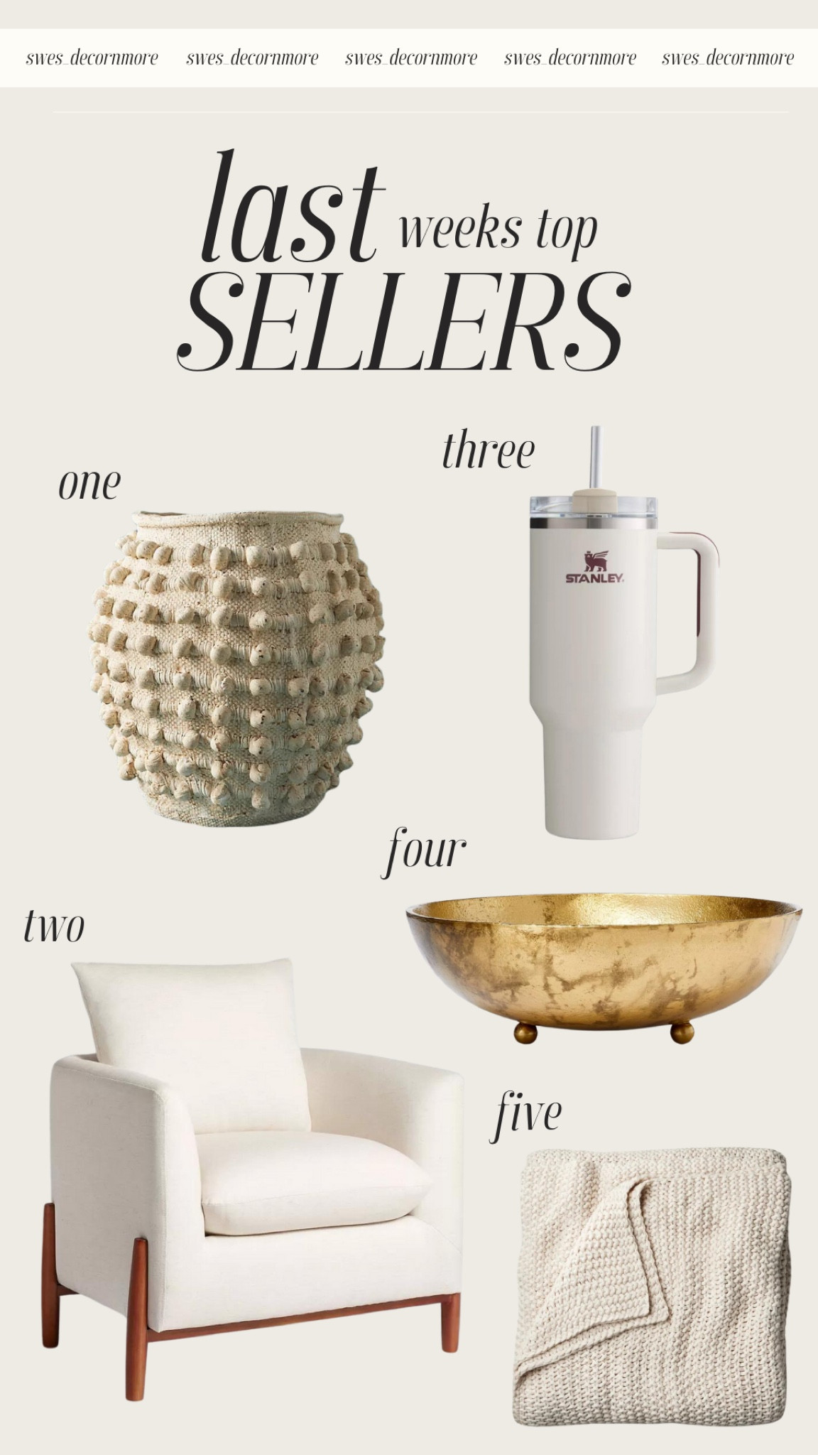 Here are last weeks top sellers! This monks textured pot from Anthropologie is a great statement piece, this Elroy chair from Target is perfect for accent seating, This new color that just dropped from Stanley at Target is perfect for fall, this cast metal gold bowl would be good for a fruit bowl and this chunky knit blanket is great for those cooler fall nights, both are from Target as well! 

#LTKHome #LTKStyleTip #LTKSeasonal