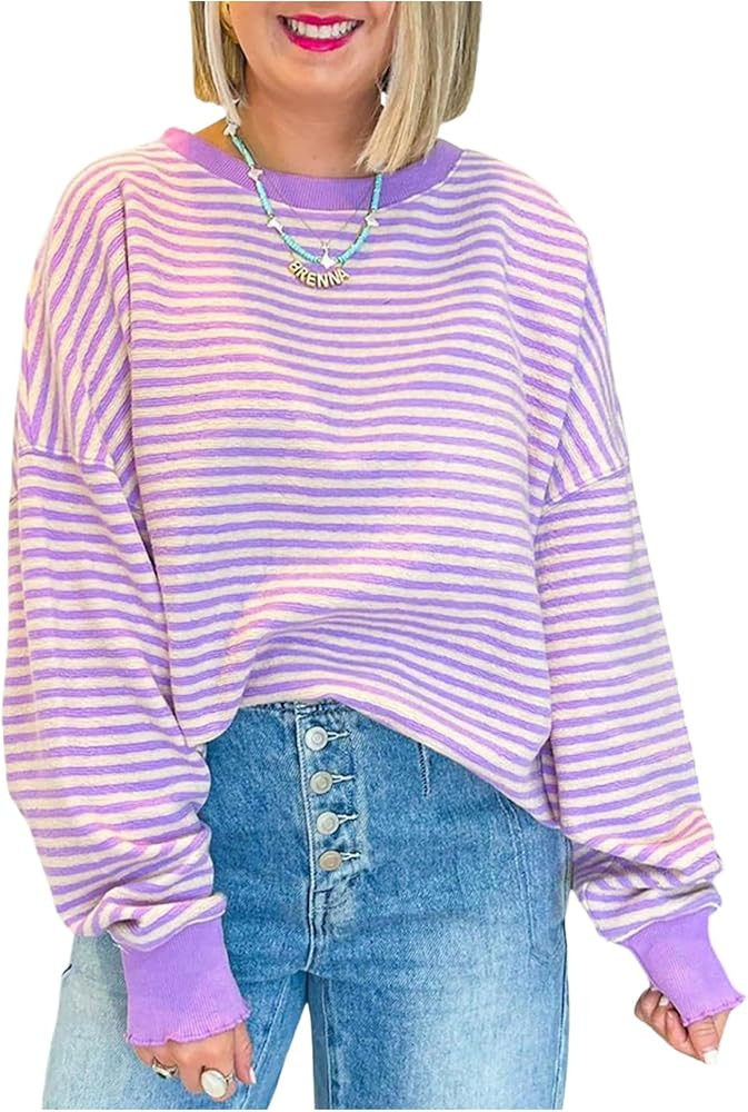 SHENHE Women's Oversized Sweatshirt Striped Drop Shoulder Ruffle Y2K Baggy Fall Sweatshirt | Amazon (US)