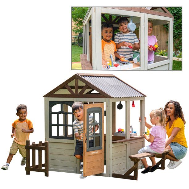KidKraft Pioneer Cottage Wooden Playhouse with Doorbell and 13 Pieces | Walmart (US)