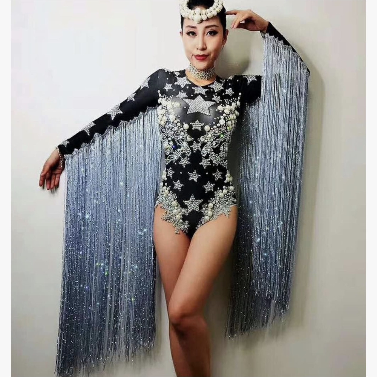 Drag Queen Costume Sparkly Dance Leotard Long Sleeve Women Pearl Rhinestone Bodysuits With Fringe

#LTKActive #LTKU #LTKSeasonal