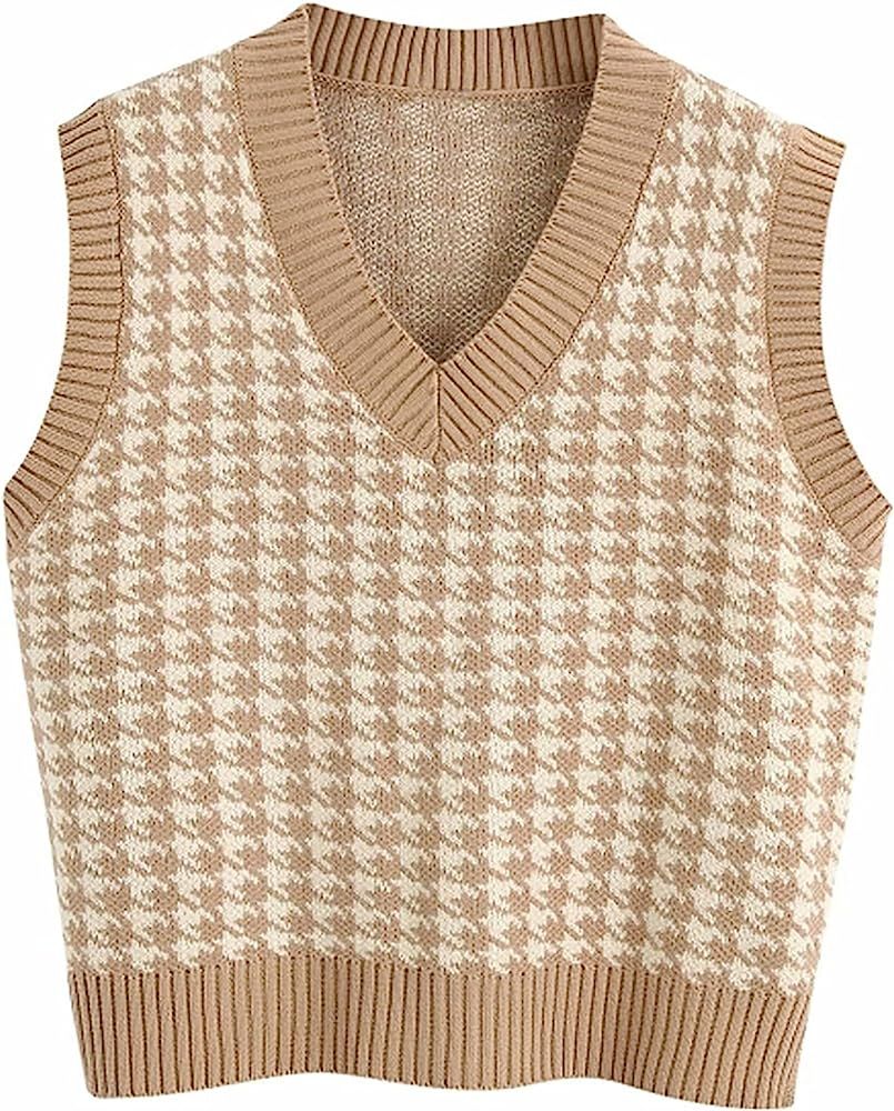 Gulajia Oversized Women Houndstooth Pattern Knit Sweater Vest Sleeveless Loose V-Neck 90s Waistco... | Amazon (US)