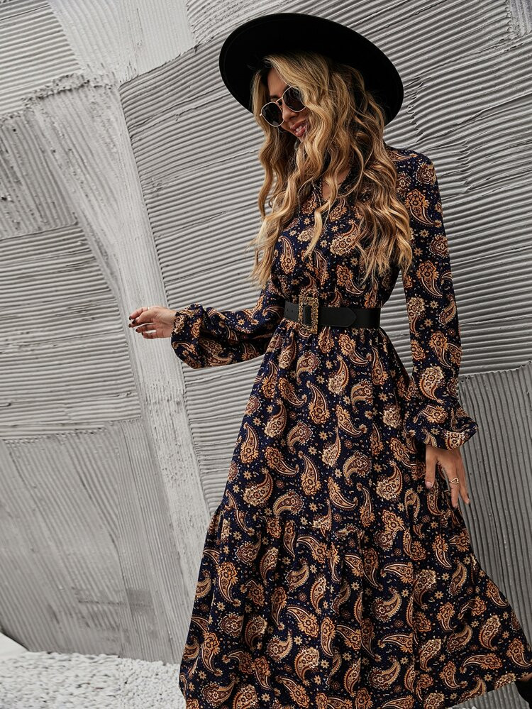 Paisley Print Lantern Sleeve Shirt Dress Without Belt | SHEIN