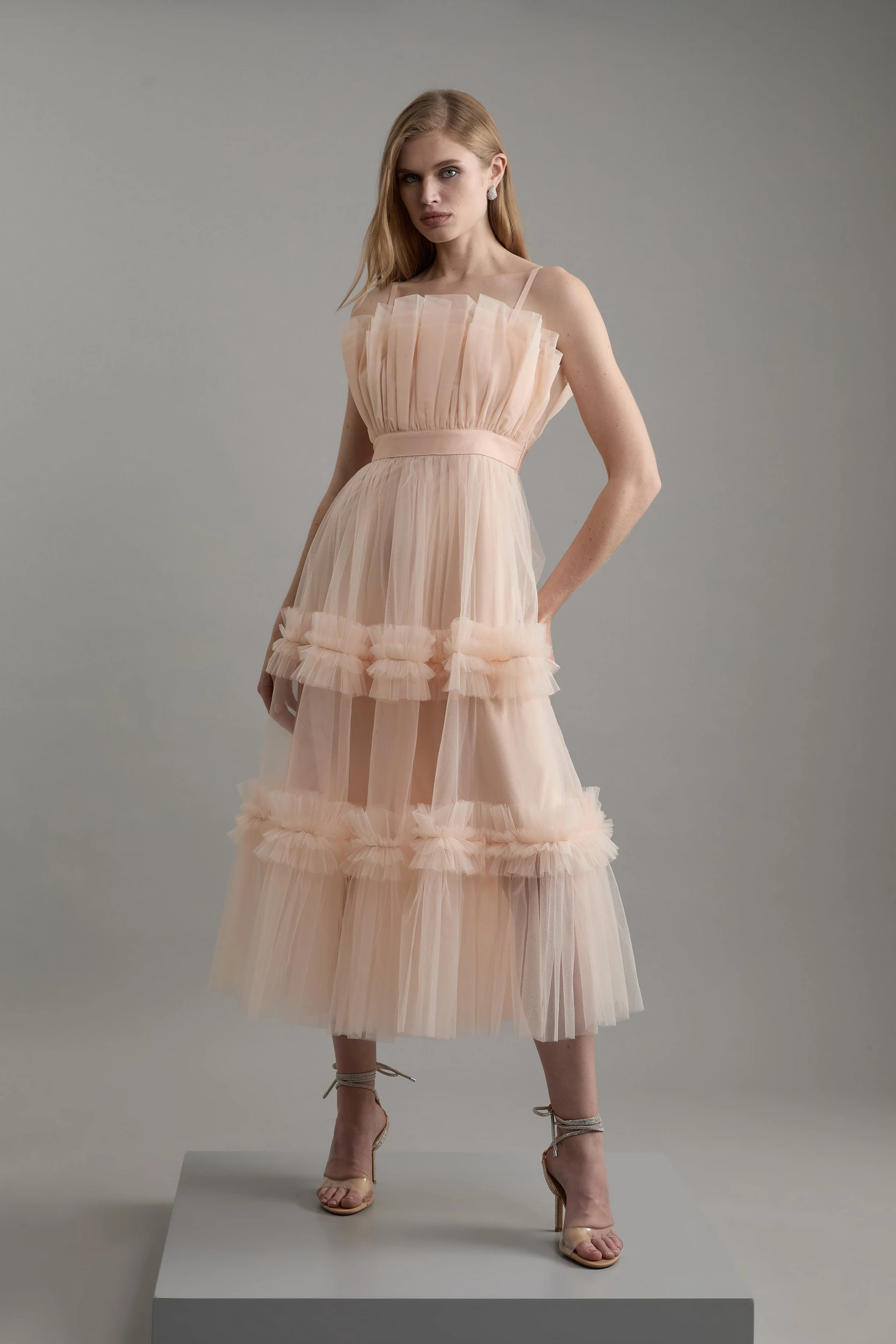 Tulle Bandeau Tiered Midi Dress | Karen Millen US