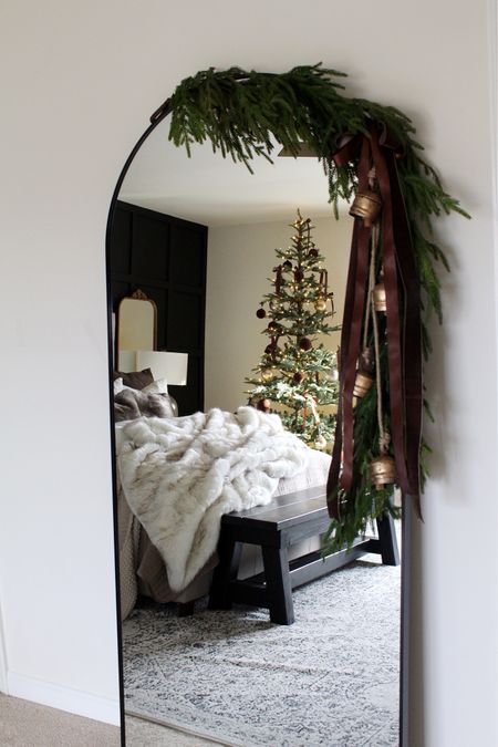 Mirror, garland, bells, ribbon, bed, Christmas tree, throw blanket, pillow, bench 

#LTKCyberWeek #LTKHoliday #LTKhome
