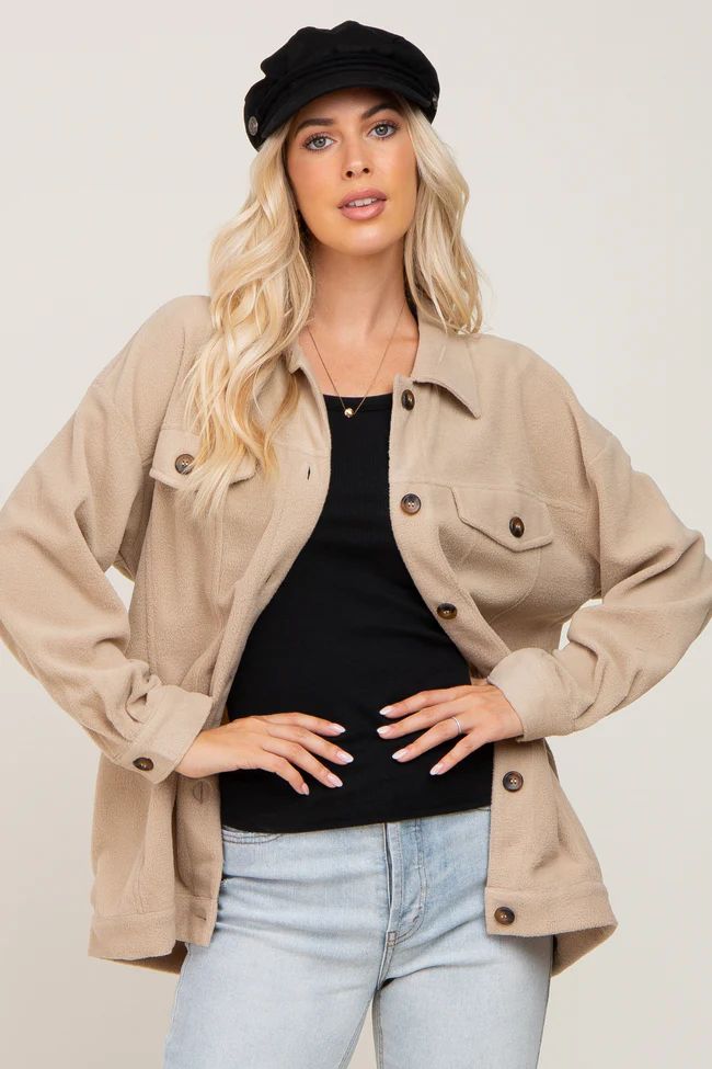 Beige Fleece Shirt Jacket | PinkBlush Maternity