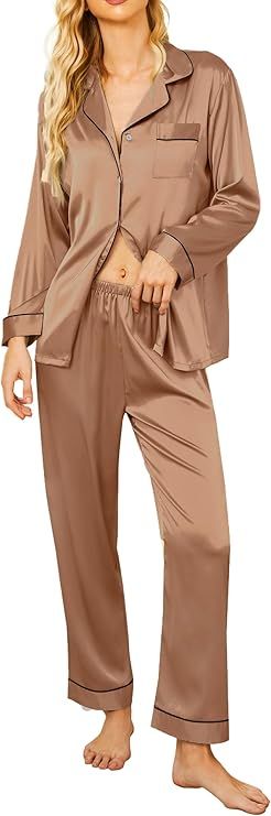 Ekouaer Silk Pajamas Women's Long Sleeve Sleepwear Satin Soft Button Down Loungewear Pjs Set S-XX... | Amazon (US)
