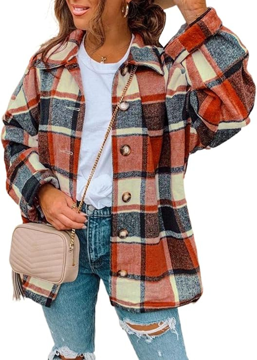 Dokotoo Women's 2021 Fashion Plaid Button Down Lapel Collar Shacket Jacket Coat Outerwear | Amazon (US)
