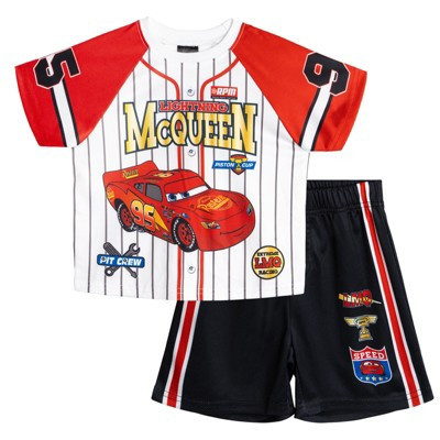Disney Cars Lightning McQueen Toddler Boys Mesh Baseball Jersey Athletic T-Shirt and Shorts Outfit Set White / Black 3T | Target