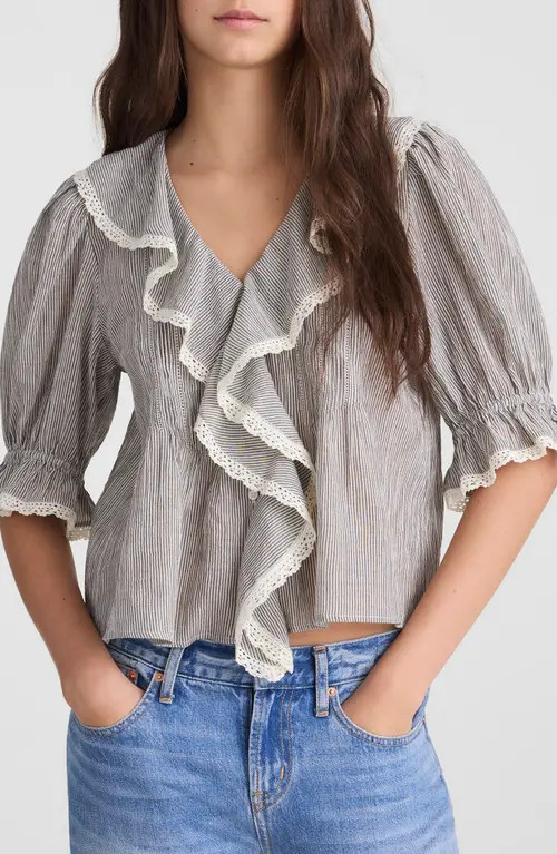 Madewell Ruffled Puff Sleeve Cotton Button-Up Shirt in Black And Ivory Micro Stripe at Nordstrom,... | Nordstrom