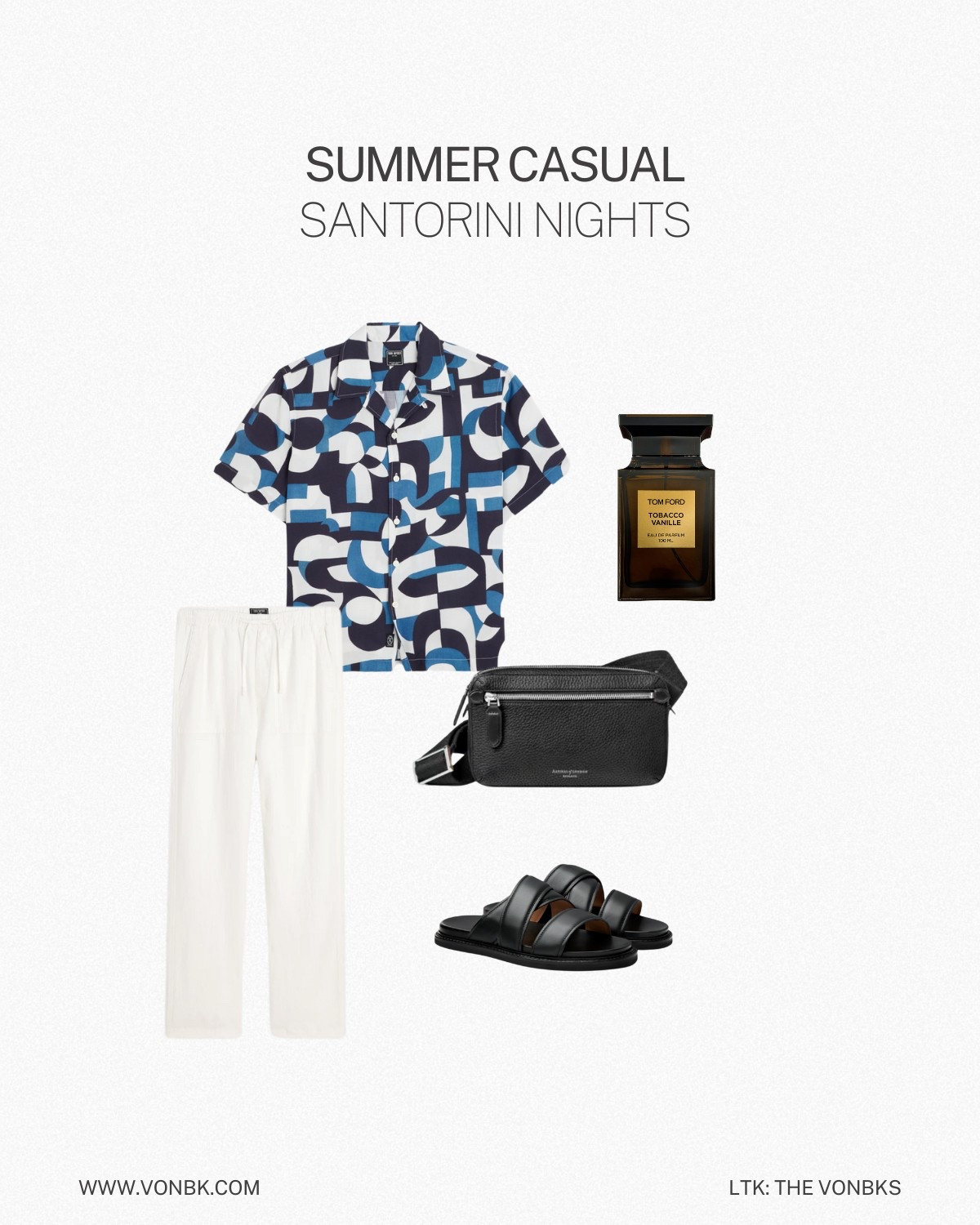 Upgrade your summer wardrobe with this effortlessly cool vacation outfit for men. A bold short-sleeve button-up, breezy linen pants, and sleek leather sandals make the perfect combo for sunset dinners or strolling through Santorini. Complete the look with a classic black crossbody bag and a warm, sophisticated fragrance. Shop the full look now! #MensFashion #SummerStyle #VacationOutfits

#LTKMens #LTKSeasonal #LTKStyleTip
