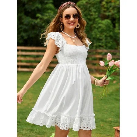 Summer Casual White Women s Maternity Shirred Eyelet Embroidery Ruffle Trim Dress L2201705D XS(2) | Walmart (US)
