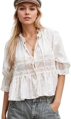 Amazon.com: People Free Dupes, People Free Top Tie Front Ruffle Boho Tops Lace Sheer Flowy Peasan... | Amazon (US)