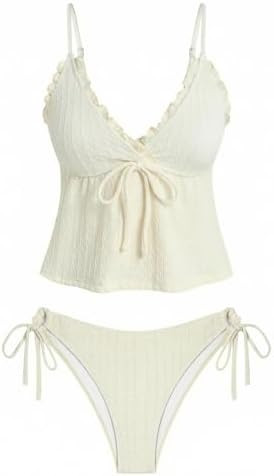 ZAFUL Tankini Swimsuits for Women V Neck Textured Knot Tie Ruffle Trim Bikini Swimsuit Tie Side 2... | Amazon (US)