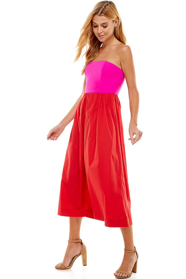 HARRIET MIDI DRESS IN RED & PINK COLOR BLOCK | Indigeaux Denim Bar & Boutique