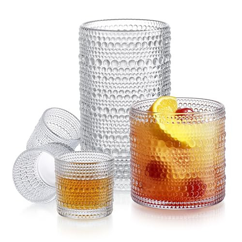 Glaver's Hobnail Drinking Glasses 12 Pc. Vintage Glassware Set. 4,15 Oz. Tall Highball Glasses: 4,13 Oz. Whiskey Bar Glasses: 4, 2 Oz. Mini Shot Glasses. Old Fashioned Beaded Glasses | Amazon (US)