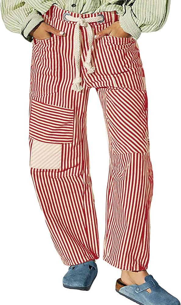 SAFRISIOR Women Striped Patchwork Pants Drawstring Barrel Pant Wide Leg Streetwear Y2k Trousers w... | Amazon (US)