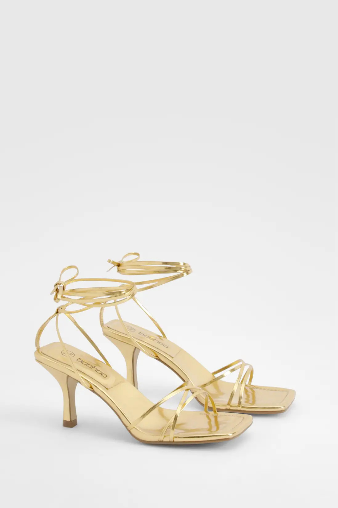 boohoo Low Skinny Strap Wrap Up Heels | PrettyLittleThing UK