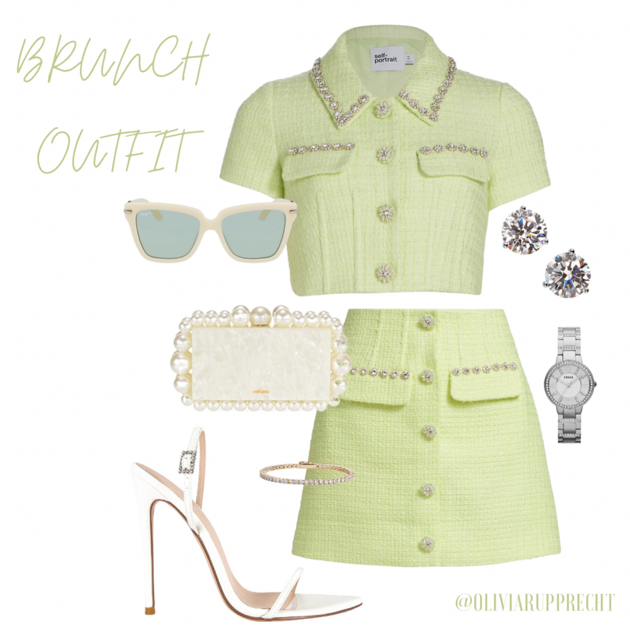 Brunch outfit | skirt | heels | jewelry | purse | sliver | sunglasses | clutch | shoes | green | fashion | trend | style | saks | bracelet | 

#LTKU #LTKstyletip #LTKitbag