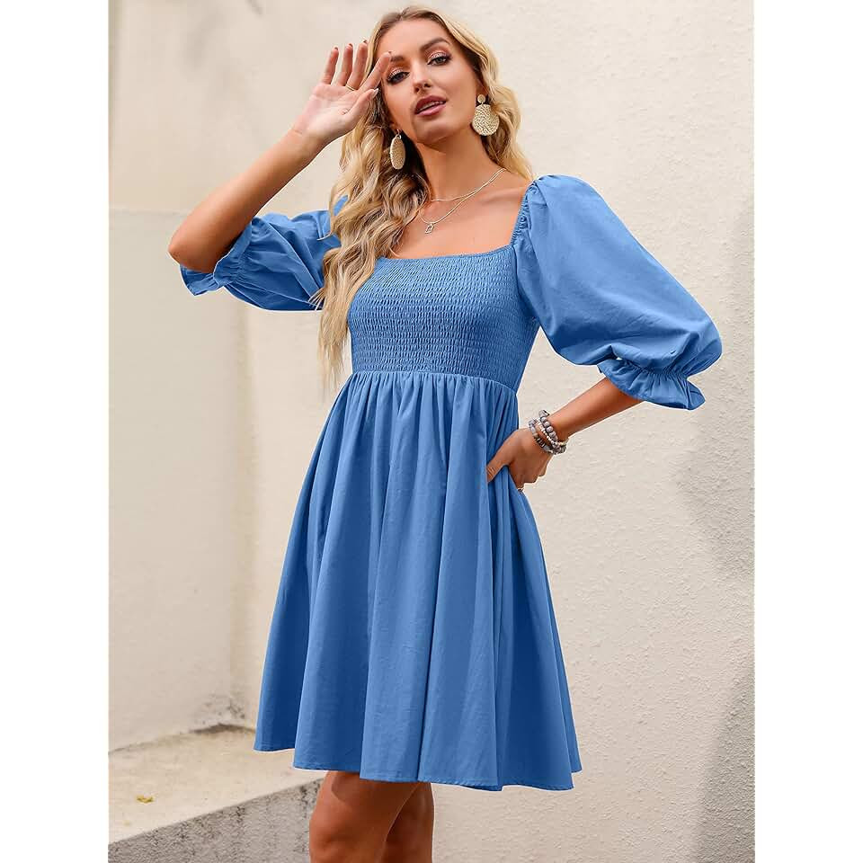 Womens 3/4 Puff Sleeve Square Neck Smocked Babydoll Dress Cute A Line Flowy Short Mini Dress | Amazon (US)