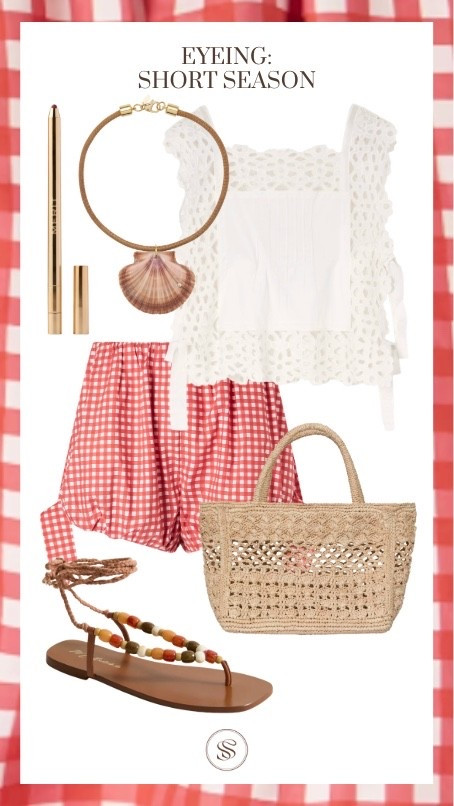 Summer shorts
Shell necklace
Woven bag
Wrap sandals 
Lip liner