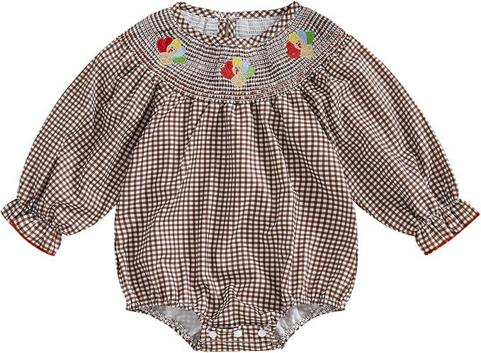 Baby Girl Thanksgiving Outfit Clothes Long Sleeve Turkey Plaid Smocked Bubble Romper Bodysuit Jum... | Amazon (US)