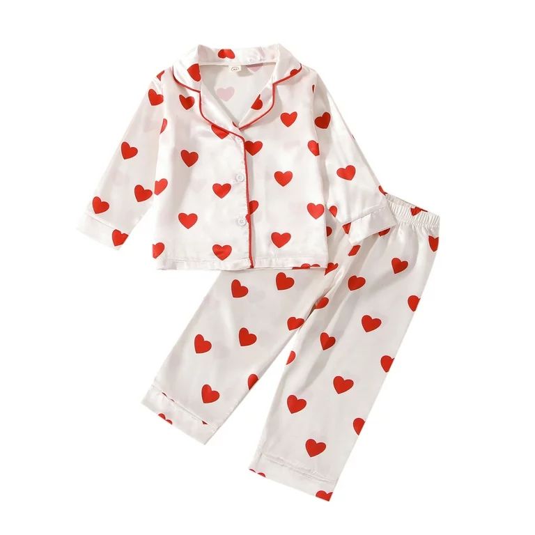 Baby Girl Valentine\'s Day Outfit Heart Print Long Sleeve Button Shirts Top Pants Set Pajamas Set... | Walmart (US)