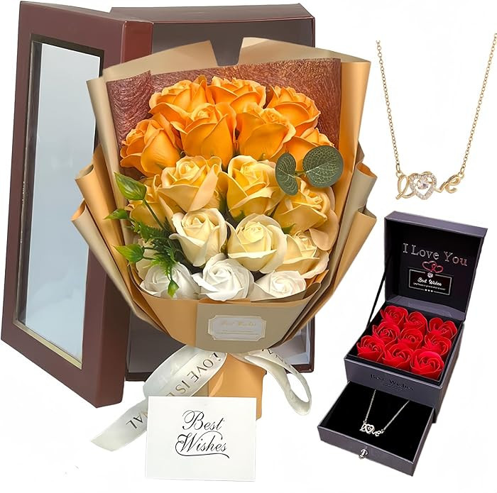 EIGHTOWN Roses Bouquet Artificial Flower - Preserved Orange Rose Flowers with Love Necklace for H... | Amazon (US)