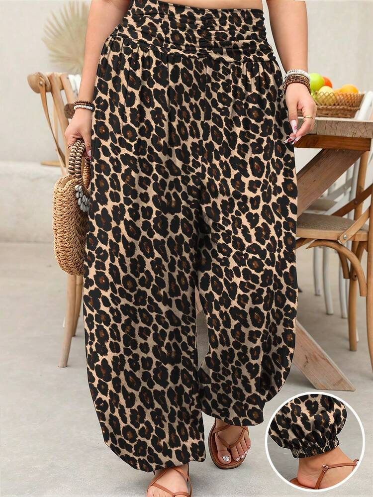 Plus Size Women Waist Ruched Detail Leopard Print Pants | SHEIN
