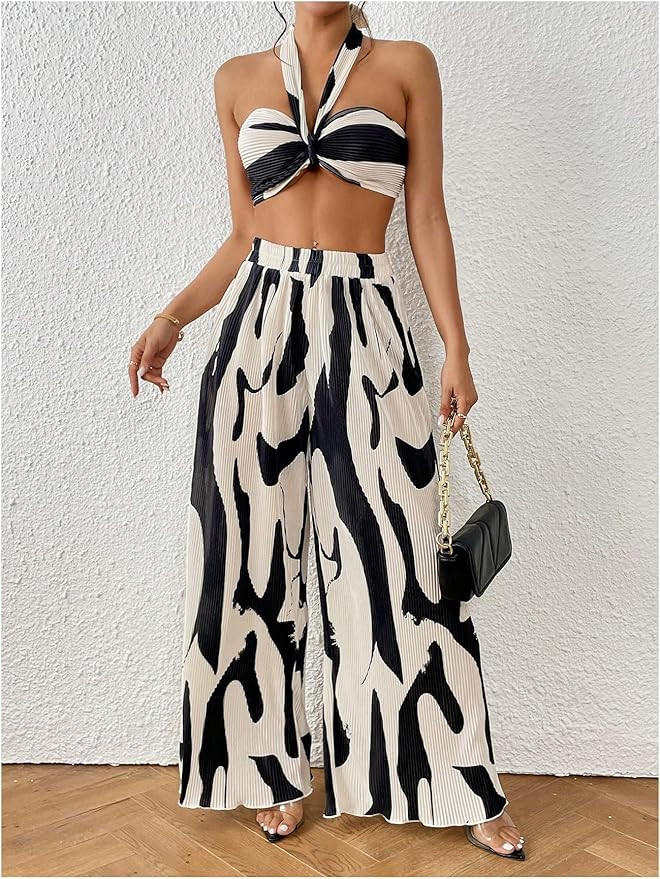 OYOANGLE Women's 2 Piece Outfits Graphic Print Knitted Crop Halter Top and Wide Leg Pants Set | Amazon (US)