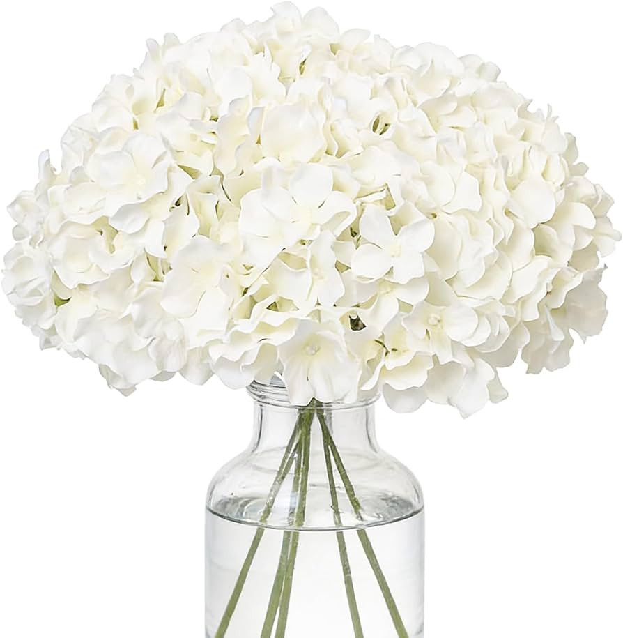 Fake White Hydrangea Artificial Flowers - Faux Silk Hydrangeas Flowers Heads with Stems Real Touc... | Amazon (US)