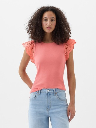 Ribbed Eyelet Flutter Sleeve T-Shirt | Gap Factory